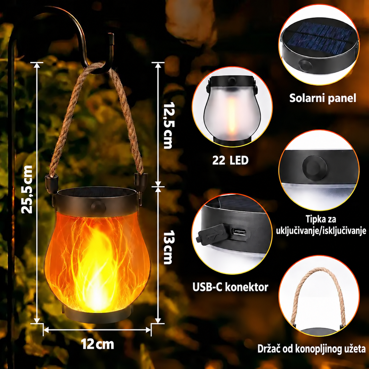Solarna svjetiljka s efektom plamena – solarno i USB-C punjenje – 7